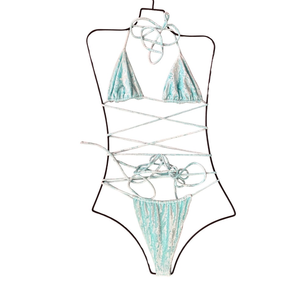 Inamorata Teal Crushed Velvet Wrap Triangle Bikini Set EUC $200 S